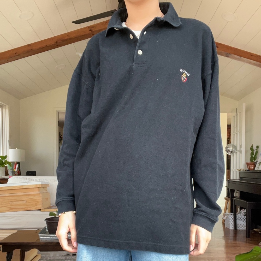 Guess Classics Black Long Sleeve Polo Shirt vintage